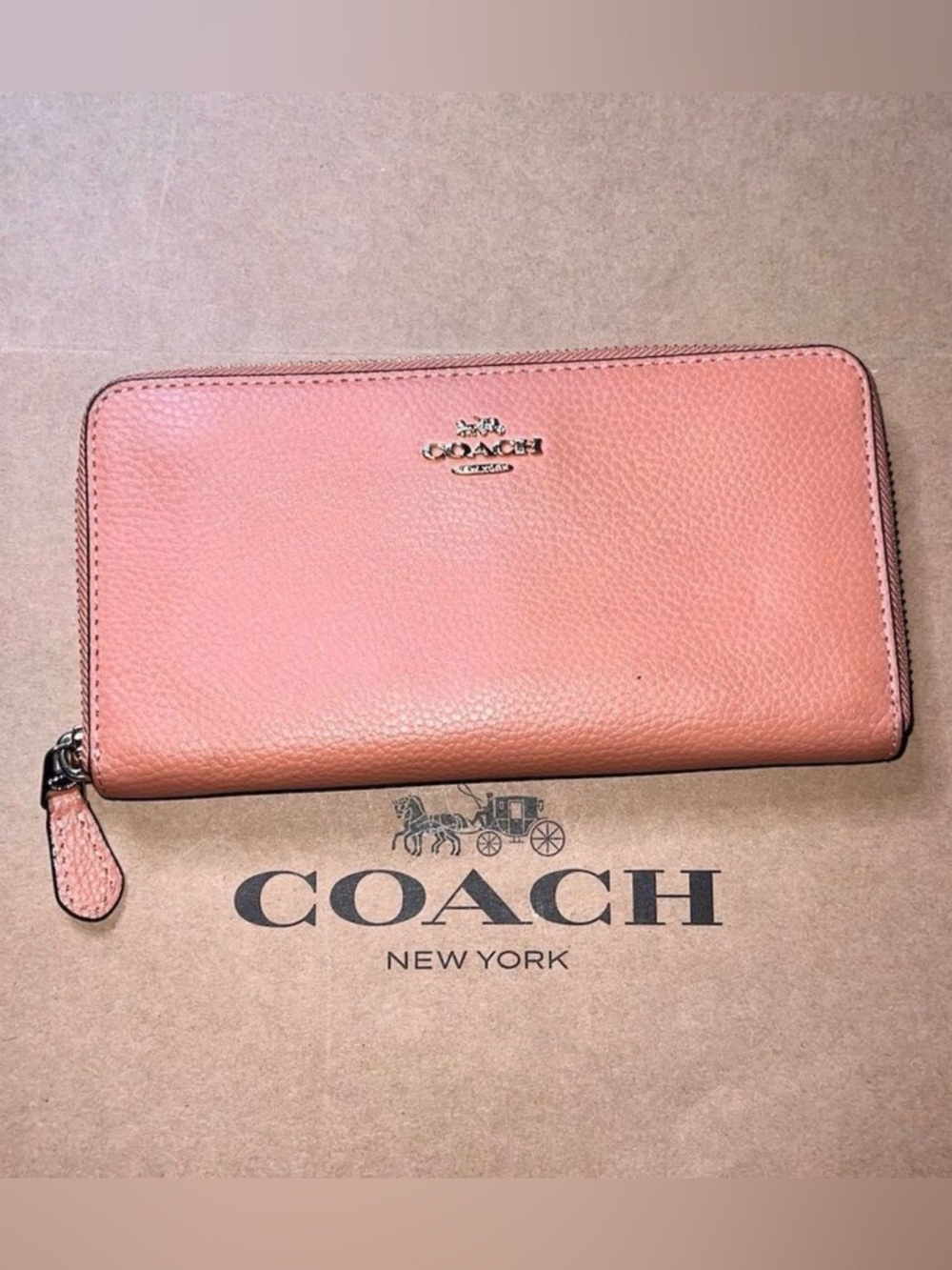 COACH Leather Wallet Long Zip-Around Salmon w Silver Hardware AUTHENTIC